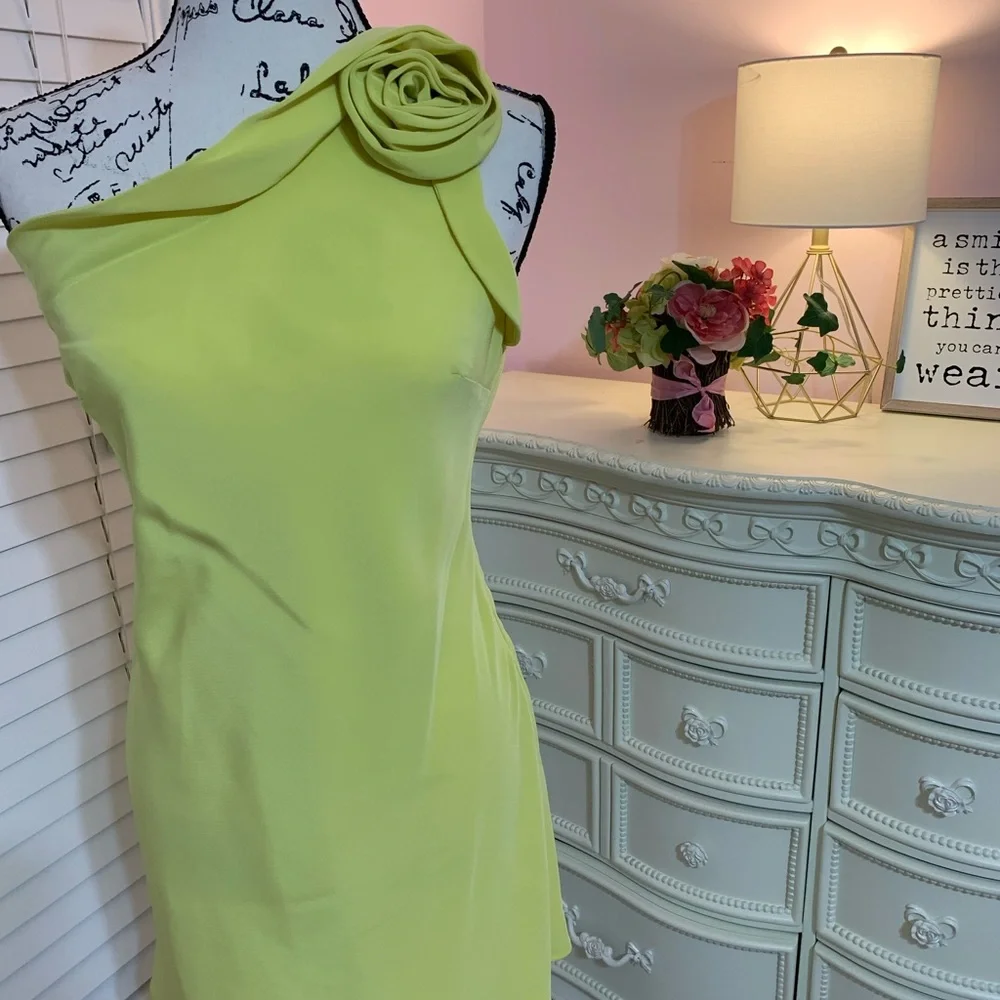 ABS One Shoulder Rosette Mini Dress. Size 2 - Picture 3 of 16